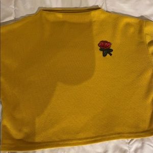 yellow sweater, rose patchwork